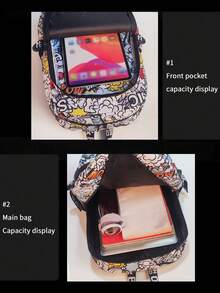 男女通用时尚鲨鱼嘴印花背包/单肩包，撞色蓝色闪电图案学校/笔记本电脑包，配有可调节肩带，随机全身印花