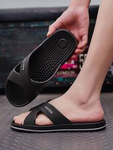 Men's Massage Slippers, Minimalist Solid Color Slip-On Sandals, Comfortable House Slippers, Bathroom Slides, Outdoor Beach Shoes, Plus Size - Black - View 7