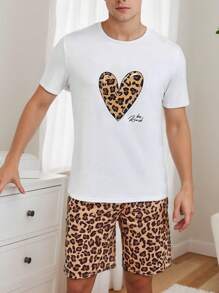 2pcs Men & Women Matching Sleepwear Set: Thin Round Neck Short Sleeve Shirt With Heart & Leopard Print + Shorts, Casual & Comfortable Lounge Set For Summer
