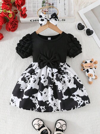 女婴泡泡袖圆领可爱奶牛图案拼布蝴蝶结头带连衣裙，春夏婴儿服装