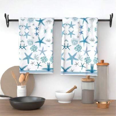 2pcs Starfish Oceanic Style Towels - Ultra Soft, Durable Polyester For Kitchen, Bathroom & Beach - Perfect Nautical Decor Gift For Ocean Enthusiasts