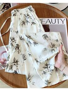 Damen Orientalischer Stil Tusche-Gemälde Bambus-Blatt Muster Seidige Slim-Fit Hose