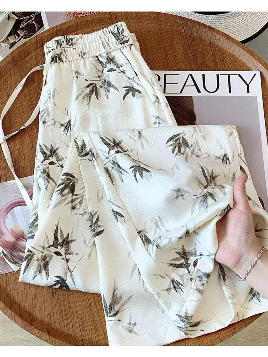 Damen Orientalischer Stil Tusche-Gemälde Bambus-Blatt Muster Seidige Slim-Fit Hose