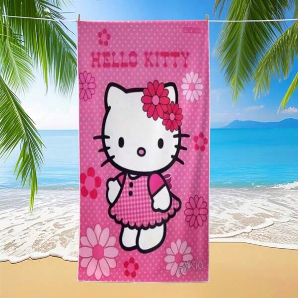 Sanrio 1pc Hello Kitty Beach Towel - Extra Large, Quick Dry, Super Absorbent, Lightweight Microfiber Towel, Pink Polka Dot & Floral Print, Suitable For Beach, Pool, Gym, Swimming - Cute Cartoon Design, Gym Towel | Vibrant Printed Towel | Microfiber Towel