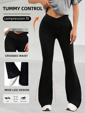 Women's Flare Pants, High Waist, High Elasticity Polyester Yoga Pants, Cross Waist Vintage Wide Leg Pants, Solid Color Skinny Workout Pants Suitable For All Seasons, Casual & Fitness Wear