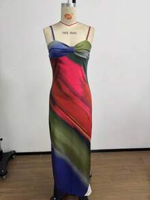 Women's Sexy Casual Vacation Printing Spaghetti Strap Low-Cut Zipper Back Long Dress, Summer