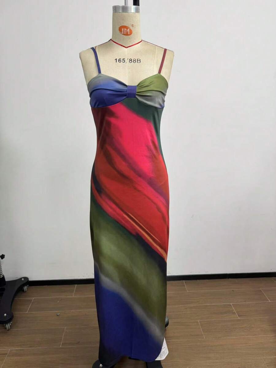 Women's Sexy Casual Vacation Printing Spaghetti Strap Low-Cut Zipper Back Long Dress, Summer