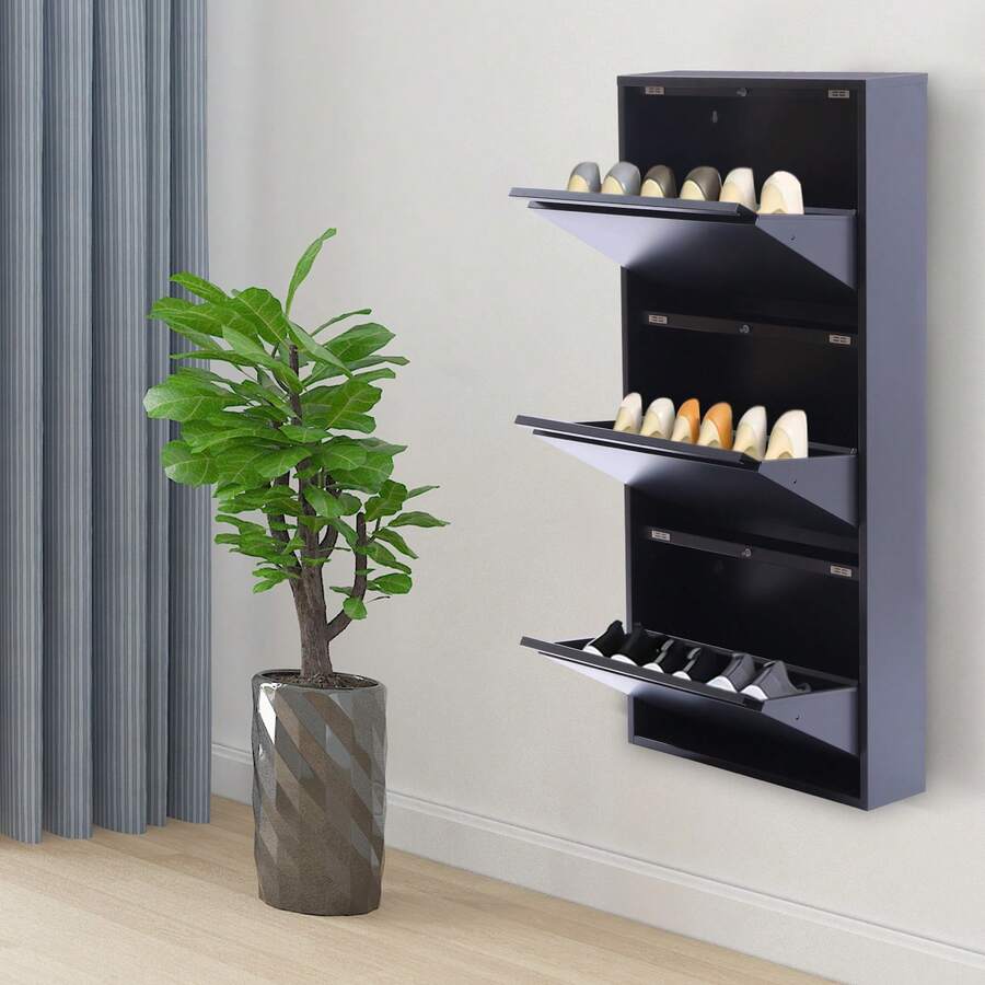 Zapatero de pared con 3 cajones, 50 x 12 x 103 cm, organizador de zapatos de metal para entrada, pasillo y corredor, con capacidad para 9 pares de zapatos (gris) - Gris - Ver 1