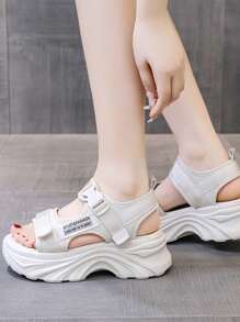 Women's Summer Wedge Thick-Sole Sport Sandals, Hook And Loop Strap Letter Pattern Casual Student Flat Sandals