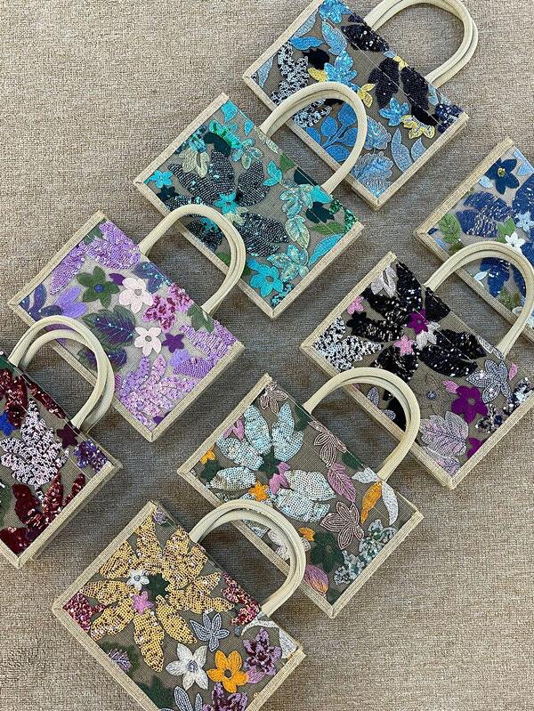 Bolso de tote de lino casual imprescindible para viajes de verano, bolso de tote de mujer de moda con bordado floral de lentejuelas, adecuado para vacaciones, fiestas, citas, compras, regalos, academia, playa, , crucero, vacaciones (la posición del patrón se corta de forma aleatoria)