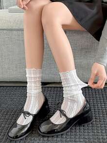 Women's Lace Ruffle Socks, Thin Breathable Mesh Stripe Mid-Calf Socks, Summer - Beige - View 3