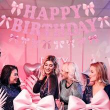 10pcs/Set Bow Theme Decoration Set - Pink Birthday Pull Flag Banner + Bow Spiral Hanging Decor, Suitable For Birthday Party, Theme Party, Anniversary, Engagement, Home Bedroom Decoration