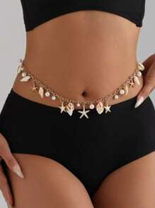 1 pieza Cadena de Body para mujer de playa, cadena de cintura con diseño de estrellas de mar y conchas de estilo oceánico, usar con bikini sexy
