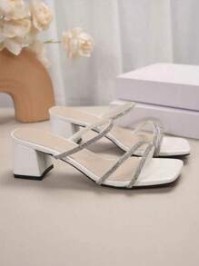 2025 New Women's Crystal Embellished Block Heel Open Toe Slide Sandals, Outdoor Party Mid Heel Slippers