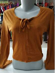 Women's Cropped Ribbed Blouse With Neckline And Long Sleeve In Earthy Tones Winter Fashion Simple Casual With Knot - Gold - View 1