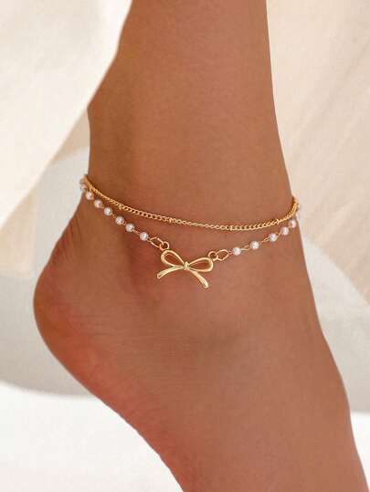 1pc Faux Pearl Bow Beaded Double Layer Anklet, Fashionable Simple Bowknot Anklet For Women