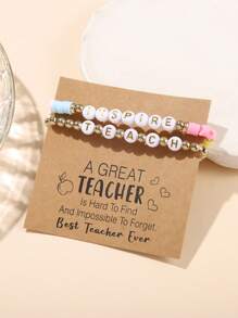 2pcs/Set Teacher's Day Bracelet Set, Fashion Soft Clay CCB Resin Wood Bead & Letter ''INSPIRE TEACH'' Bracelet, Suitable For Daily Wear And Gifting