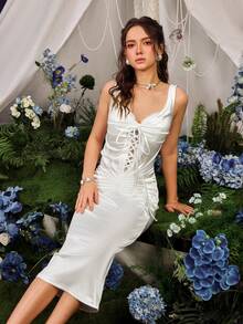 Faeriesty Stylish Wide Strap Ruched Cutout Women's Midi Dress – Modern Mid-Length Gown Featuring Bold Shoulder Straps, Elegant Front Cutout, Perfect For Date Nights, Vacations, Weekend Outings, Garden Parties, And Special Events - White - View 7