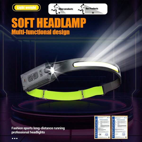1pc Headlamp Rechargeable , 230° Wide Beam Head Lamp LED With Motion Sensor For Adults - Camping Accessories Gear, Waterproof Head Light Flashlight For Hiking, Running, Repairing, Fishing, Cycling