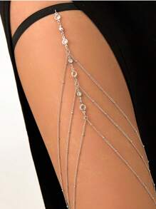 1pc Multi-Layer Tassel Pendant Black Rope Thigh Chain, Elastic Leg Chain With Sparkling Zirconia Stones, Jewelry Body Chain Suitable For All Leg Types, Rave