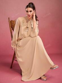Women's Solid Color Flounce Collar, Handmade 3D Floral Decor, Long Sleeve Maxi Elegant Arabian Dress
