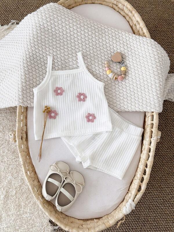 2 pezzi/set Bambina estate top corto e pantaloncini con ricamo floreale senza maniche