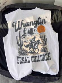 Camiseta interior de moda casual para hombres con estampado de letras estilo vaquero occidental, ideal para uso diario, casual y de transporte