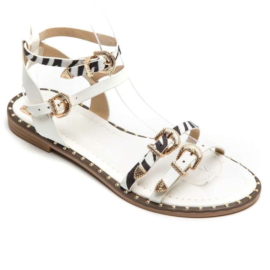 Westlicher Stil flache Sandalen mit halbmondförmigen Riemen und dekorativen Schnallen - Weiss - Übersicht 1