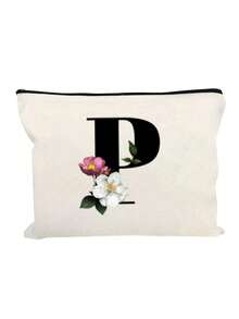 1个首字母印花字体女士化妆包，白色小包，字母A-Z，化妆包，便携式盥洗包，可重复使用化妆包，女士简约大容量旅行化妆包 - 白色 - 查看 34