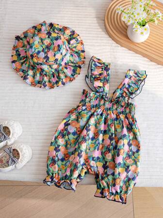 2 件套新生女婴可爱背带连体衣和帽子套装，夏季服装