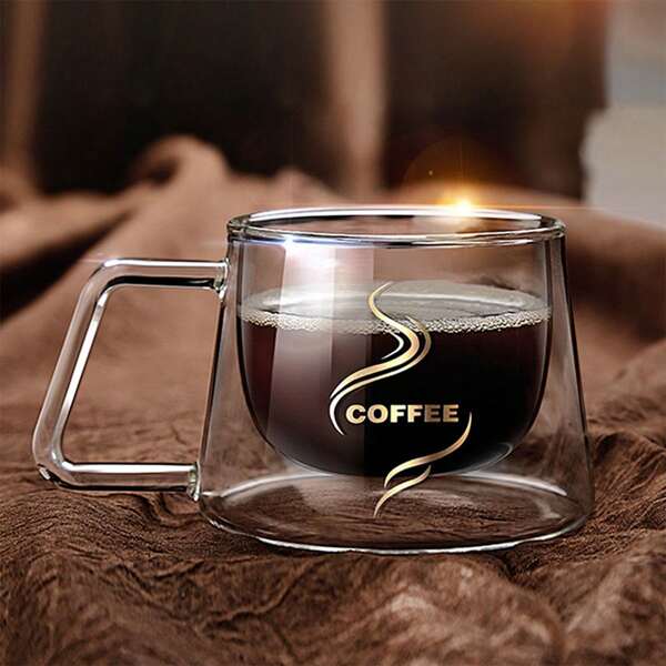 1pc Double Wall Glass Coffee Cup, 200ml Transparent Cappuccino Cup With Handle, Suitable For Tea, Milk, Espresso, Beer, Juice Back To School