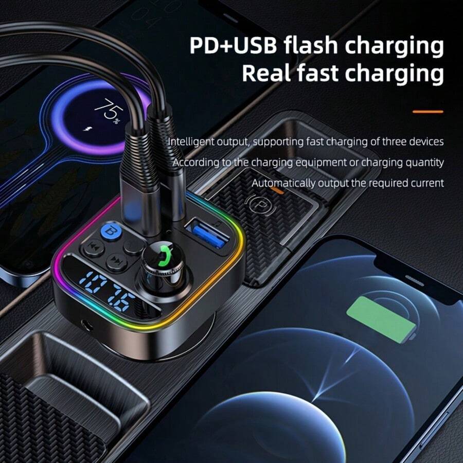 5,3 cm kabelloser FM-Transmitter für Auto - Typ C PD30W QC3.0 Adapter - Freisprechsystem, unterstützt TF-Karte und USB-Stick