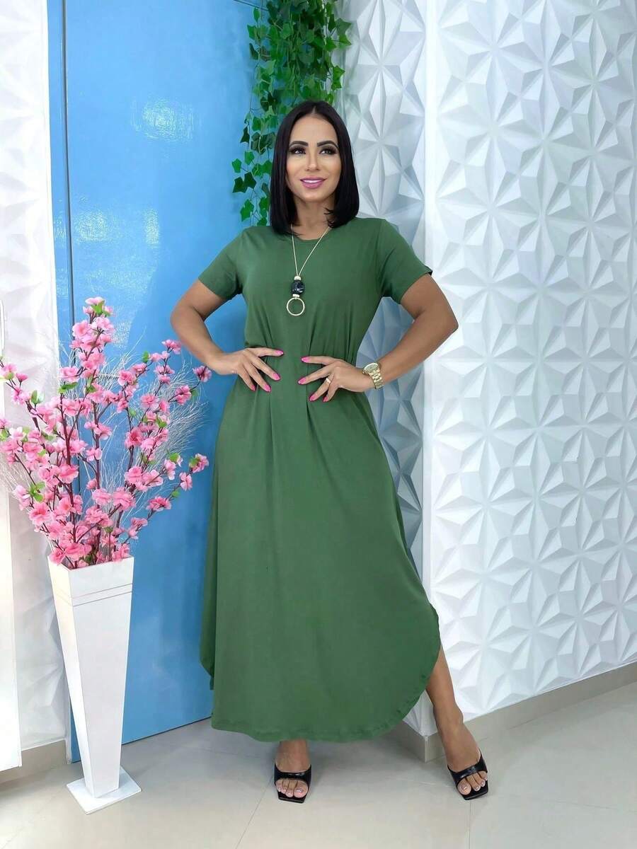 Women's Long Sarouel Dress With Viscose Lycra Sleeves Women's Clothing / Midi Dress / Dresses - 軍綠色 - 查看 1