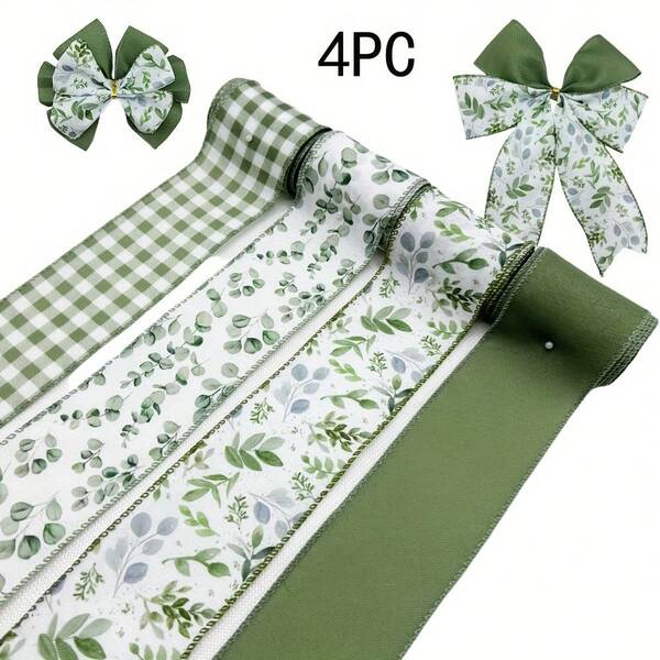 1 rolo/3 rolos de fita de eucalipto com borda de arame de 2,5 polegadas, fita verde para artesanato primavera-verão, fita rústica de fazenda, tecido xadrez, fita para embrulho de presente, laço de cabelo, costura, guirlanda, artesanato