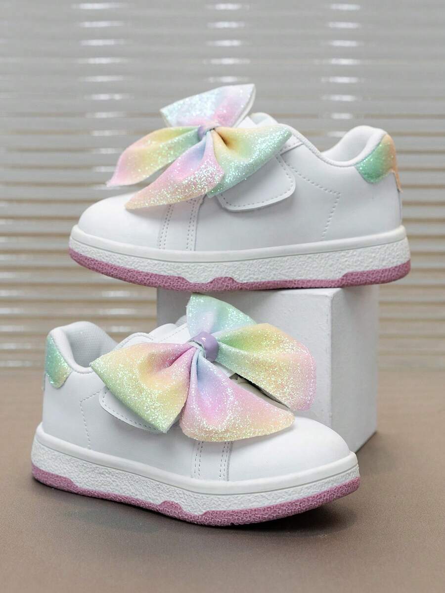 1 Pair Girls Shiny Bow Decor Casual Slip-On Sports Shoes, Lightweight Non-Slip Comfortable Flat Sneakers For Kids, All Season - Multicolor - View 1