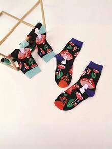 2 Pairs Cute Mushroom Print Design Women's Mid-Calf Socks Colorful Casual Crew Socks For Daily Wear - Multicolor - View 2