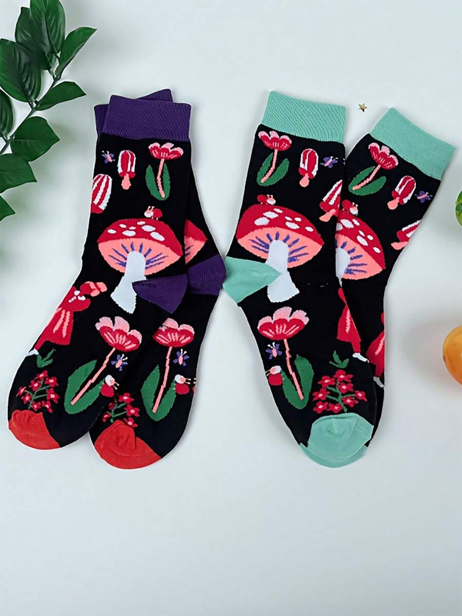 2 Pairs Cute Mushroom Print Design Women's Mid-Calf Socks Colorful Casual Crew Socks For Daily Wear - Multicolor - View 1