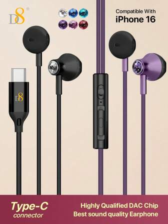 D8 Type C 入耳式耳机带麦克风和音量控制，兼容 Max/iPad Air 4/5/iPad Pro 12.9/11、iPad Pro /iPad Air/iPad Mini/ Galaxy S23 S22 S21 Ultra Note 10/20