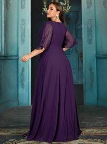 QOQ Elegant Girls Plus Size Bridesmaid Dresses Spring Summer Formal Dress For Wedding Guest, Bridesmaid, Weddings, Dinner, Engagement Party Solid Color Chiffon V-Neck Flounce Sleeve Gown