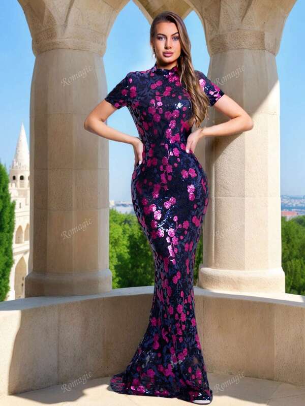 Romagic Floral Sequined Maxi Prom Gown Bridesmaids Wedding Party Short Sleeves Floor Length Formal Evening Dresses Spring Summer