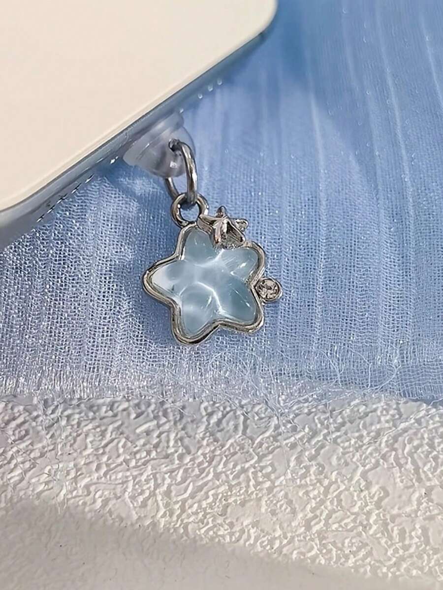 1pc Metal Rhinestone Bow Pendant/Charging Port Dust Plug/Decorative Charm, Compatible With IPhone/Type-C/Android Ports - Blue Five-pointed Star - View 1