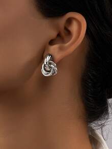 1 Pair Fashionable Minimalist Geometric Patchwork Hoop Earrings For Women - Silver - View 1