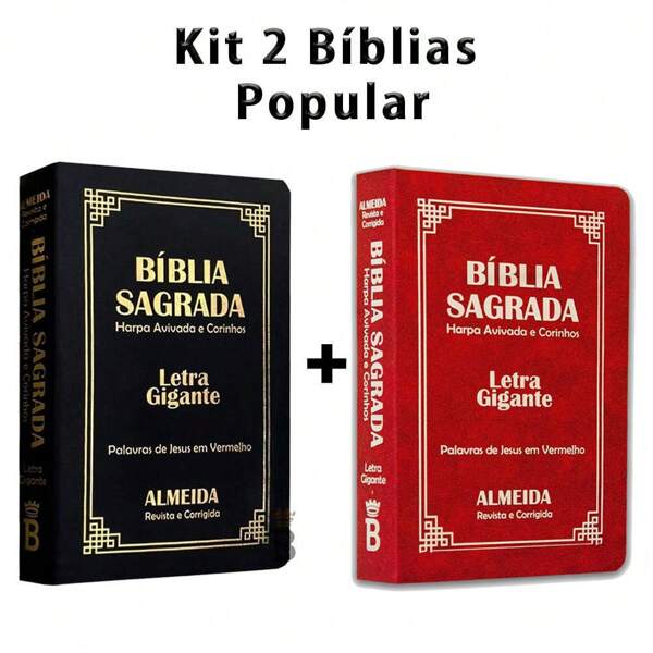 Kit 2 Biblias Sagrada Letra Gigante Luxo Popular - Preta e Vermelha - Com Harpa - RC