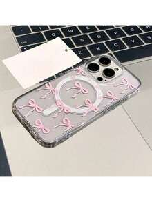 Funda para phone 16, 15, 14, 13, 12 y 11 Pro Max. Diseño con lazo rosa y compatible con carga inalámbrica. Fabricada en acrílico. (1 unidad) - Blanco - Ver 3