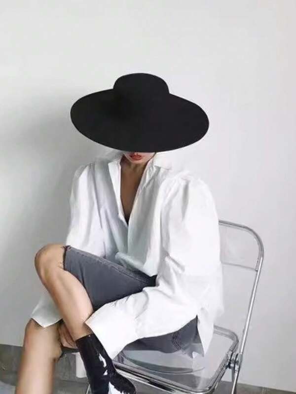 1pc Autumn/Winter Flat Top Woolen Hat With Large Brim, Versatile Felt Hat, Women French Fedora