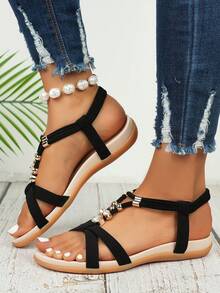 女士新款时尚厚底软中底防滑大底绑带松紧带凉鞋，户外休闲运动凉鞋 - 黑色 - 查看 3