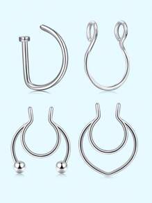 4 pièces Style punk Faux piercing Faux anneau de nez Septum sans perçage Pince à nez Rock HipHoop Bijou de corps en acier inoxydable de mode