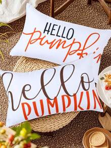 2pcs 50*30cm Hello Pumpkin Pattern Rectangular Waist Pillow Case, Throw Pillow Cover, Thanksgiving Day Polyester Peach Skin Material Cushion Cover, Autumn Fall Thanksgiving Holiday Party Family Gatherings Decoration, Creative Home Ornament Decor, Room Bed Sofa Decor ﻿ ﻿