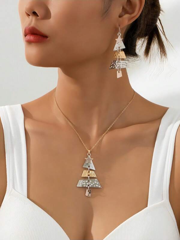 Set de 3 piezas de joyas de árbol de Navidad de aleación de zinc de moda y creativas, adecuadas para mujeres, regalos de Navidad y uso diario