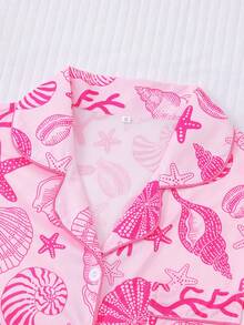 2 件贝壳印花女士睡衣套装，有领短袖舒适上衣和松紧腰短裤，时尚家居服套装，适合节日、派对和休闲穿着 - 粉色 - 查看 3